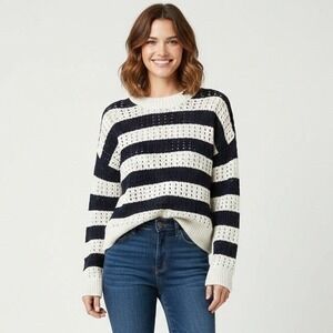 Universal Thread Striped Crochet Knit Sweater Navy Cream Size Medium